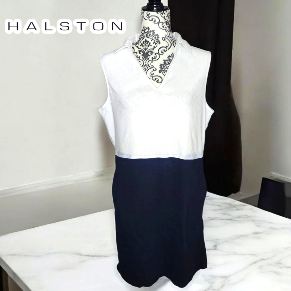 HALSTON White & Navy Sleeveless Dress - Large